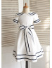 Ivory Navy Blue Stripe Taffeta Knee Length Flower Girl Dress